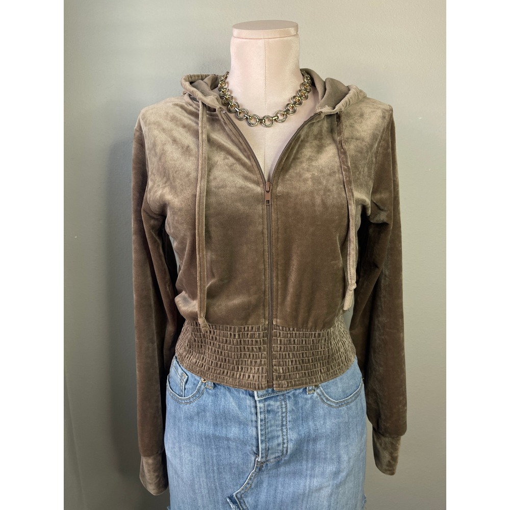 ALYA Zip Up Hoodie Brown Velour Smocked Waist Cropped Sweatshirt L